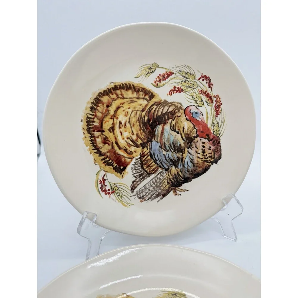 Pottery Barn Watercolor Turkey Salad Dessert Plates Set Of 4 Thanksgiving 8”